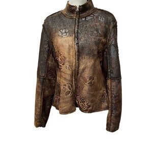 True Grit Brown Floral Rose Faux Fur Jacket Western Small L
